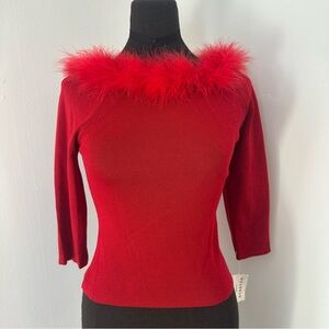 The Great American Sweater Company red quarter sleeve feather boa trim blouse L